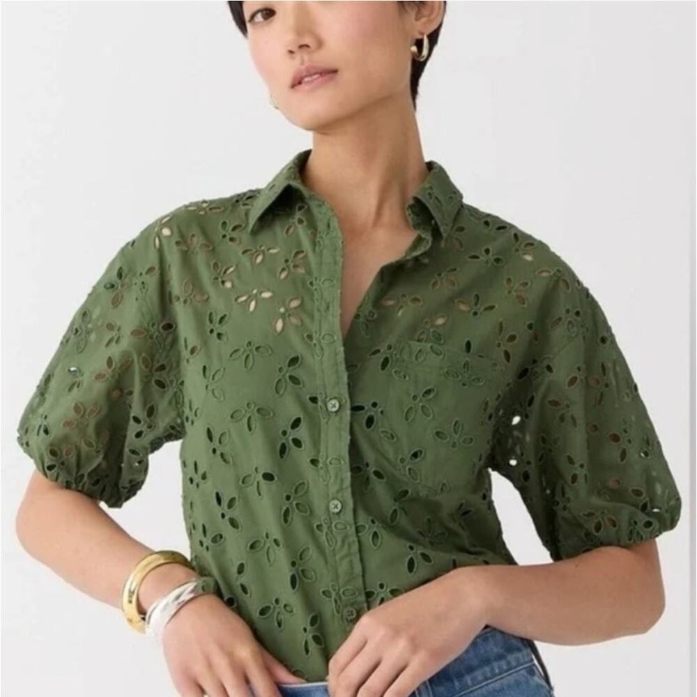 J.crew spring garden green eyelet short sleeve button up Women's size 14